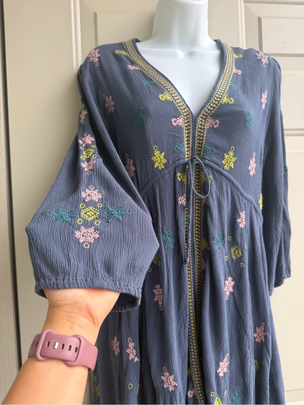 Free People Stargazer Mini Dress Size S Blue Embroidered Boho Tunic Cottagecore - Picture 5 of 11